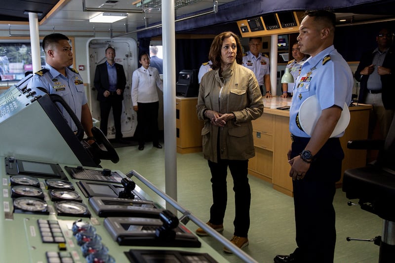 U.S. Vice President Kamala Harris is given a tour inside a Philippine Coast Guard ship, docked in Puerto Princesa, Philippines , Nov. 22, 2022.