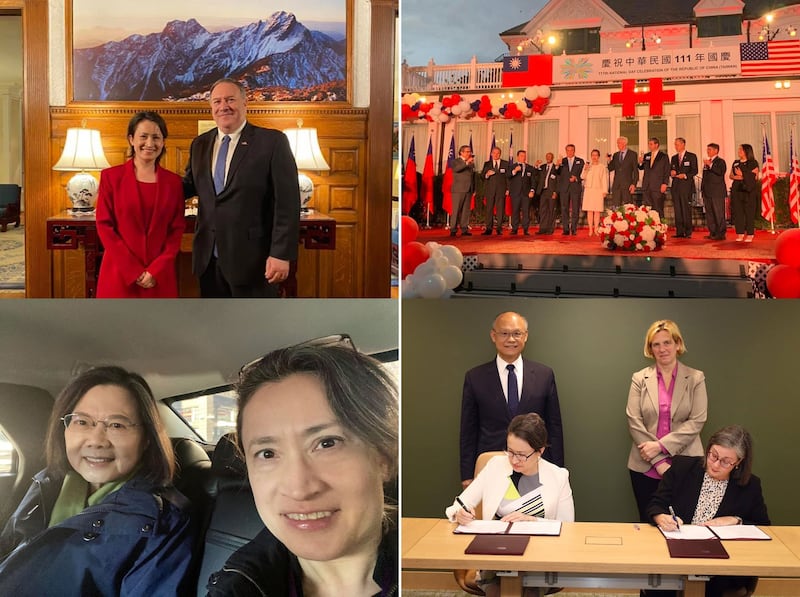 左上:萧美琴驻美国大使时曾邀请亲台的前美国国务卿蓬佩奥到双橡园。(萧美琴脸书); 右上:萧美琴驻美代表任内在双橡园举办中华民国111年国庆酒会。(萧美琴脸书); 左下:萧美琴驻美代表任内,促成过境美国的蔡英文总统与时任美国众议院议长麦卡锡在加州会面。(萧美琴脸书); 右下:萧美琴驻美代表任内,完成签署“台美21世纪贸易倡议”首批协定。(萧美琴脸书)