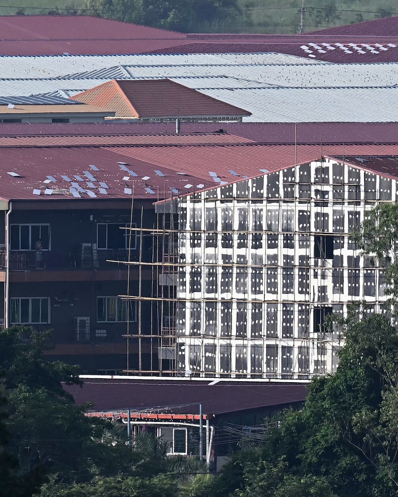 This Sept. 17, 2025, photo shows what appears to be Starlink satellite dishes on the roof in the KK Park complex in Myanmar's eastern Myawaddy township, as pictured from Mae Sot district in Thailand's border province of Tak.