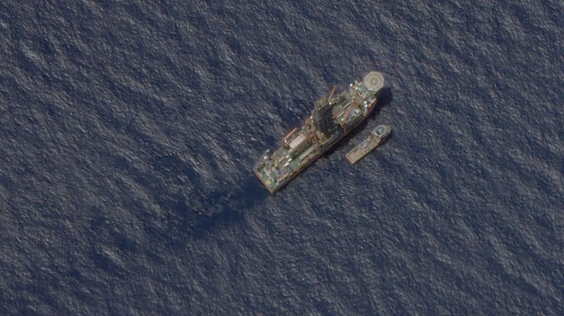 Satellite image of the Malaysian-contracted drillship West Capella in the South China Sea, accompanied by the Executive Stride, a resupply vessel, April 22, 2020.