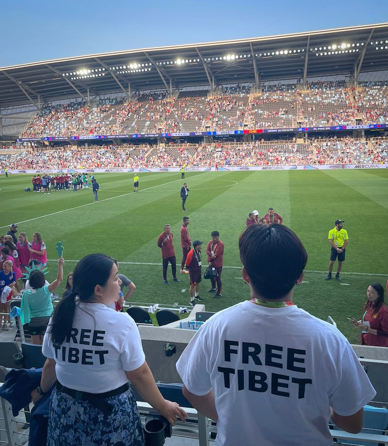 Tibetan activists called for a “Free Tibet” at Allianz stadium in St. Paul, Minnesota, where China’s women’s national soccer team faced the U.S. national team in an international friendly.