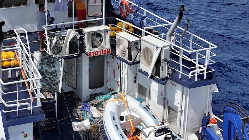 This Sept. 16, 2025, photo provided by the Philippine Coast Guard shows damage on board the BRP Datu Gumbay Piang, following an incident with a China Coast Guard vessel near Scarborough Shoal in disputed waters of the South China Sea.