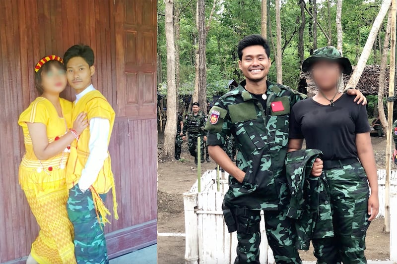 ဘာလီနှင့် ဇီးကွက်တို့နှစ်ဦးကို လက်ထပ်မင်္ဂလာပွဲကျင်းပသည့် ၂၀၂၂ ခုနှစ် ဒီဇင်ဘာလ ၅ ရက်နေ့က တွေ့ရစဉ်ပုံနှင့် တောတွင်းတပ်စခန်းတွင် ၂၀၂၄ ခုနှစ် မေလ ၂၆ ရက်နေ့က တွေ့ရစဉ်။ (Photo - Barli Via Facebook)