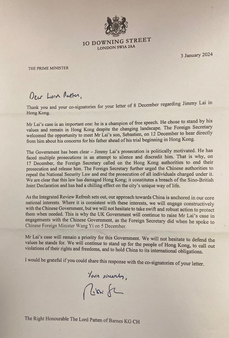 英国下议员奥尔顿在社交平台发布英国首相苏纳克(Rishi Sunak)在1月3日回覆前港督彭定康(Chris Patten)等人的信件,形容黎智英是“言论自由的捍卫者” (champion of free speech)。(Lord (David) Alton X平台截图)