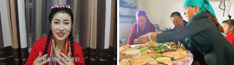 左图:维吾尔族妇女阿依图娜向观众介绍生活习俗。 右图:在新疆一户哈萨克族牧民家庭,声称有一万亩草场,山上房子内有燕子、燕窝。(视频截图/乔龙提供)