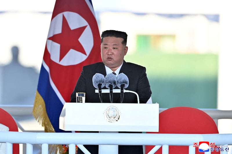 This photo released by the North Korean government shows leader Kim Jong Un on April 25, 2025, attending a ceremony for the launch of a "new multipurpose destroyer" in Nampo, North Korea.