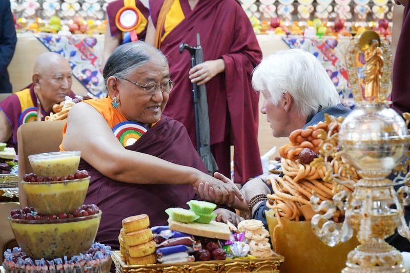 Actor Richard Gere speaks with Kyabgon Gongma Trichen Rinpoche at the Main Temple in Dharamsala, India, on June 30, 2025, as celebrations begin in the days leading up to the Dalai Lama’s 90th birthday on July 6.